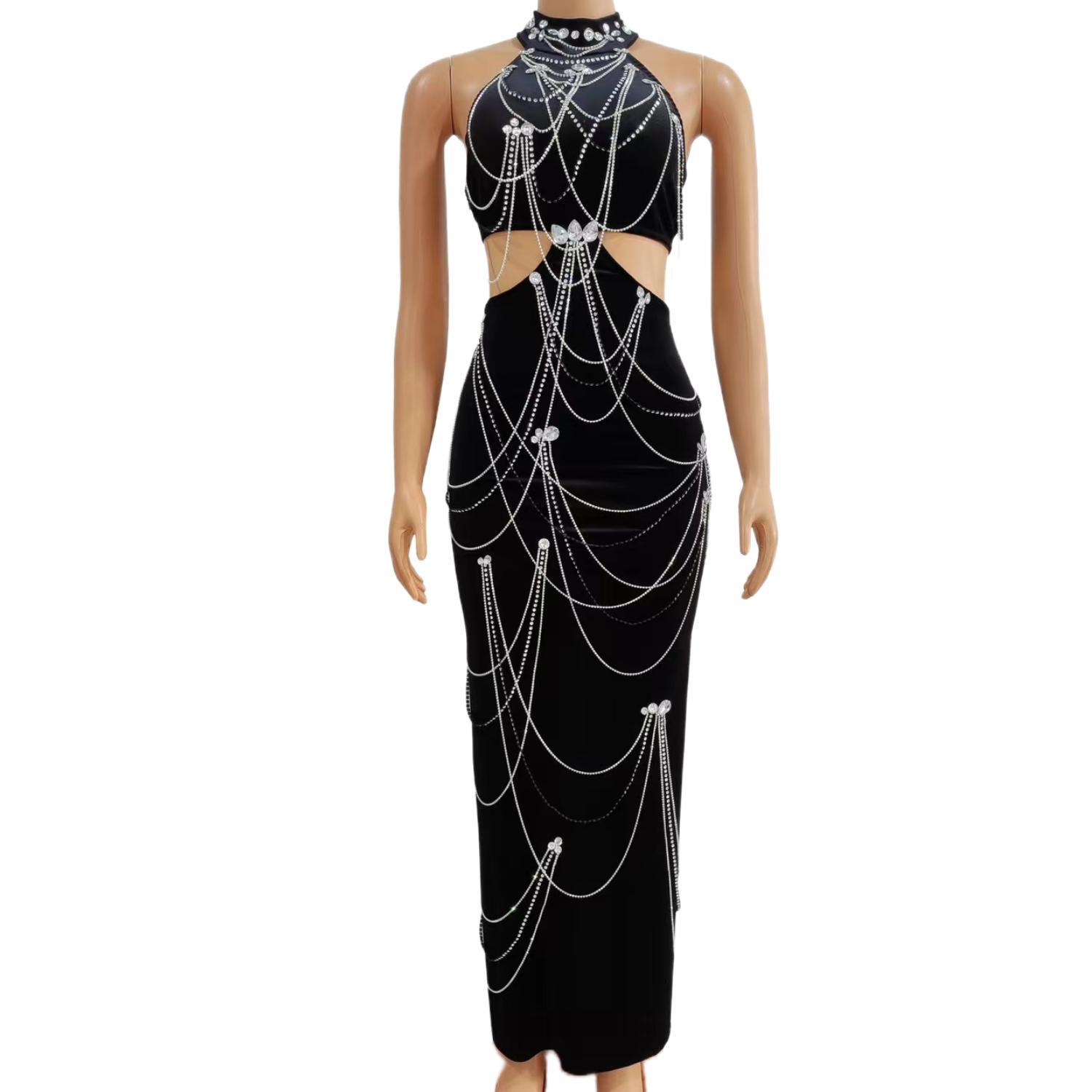 Maxi Dress Halter - Zuanlianhei Luxury Black Velvet Rhinestone Chain