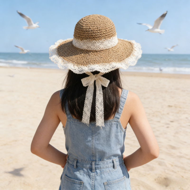 Hat Floppy Wide - Women’s Lace Trim Crochet Straw Sun