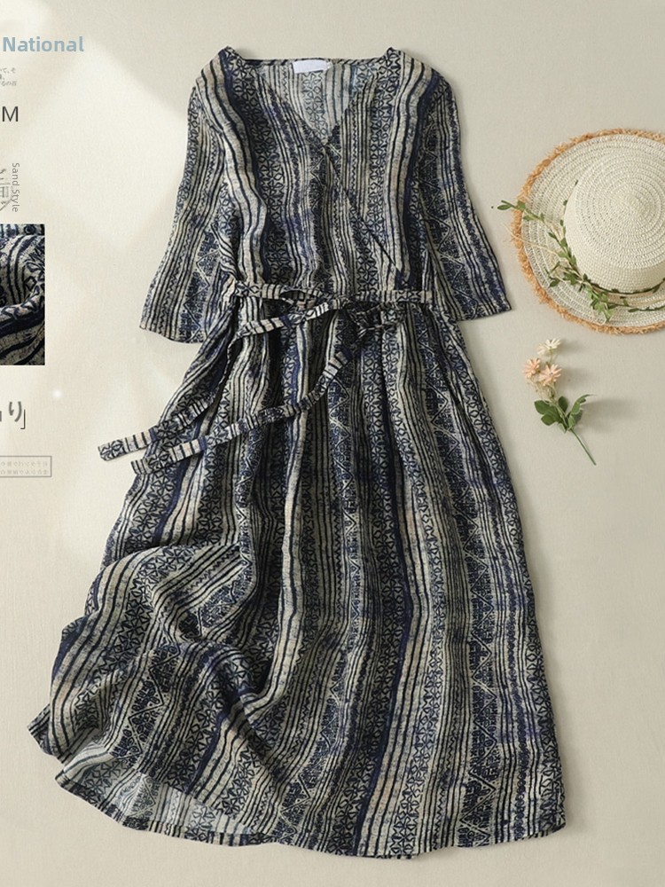V-Neck Short Sleeve Midi Dress - Linen Dress Wrap avis et prix