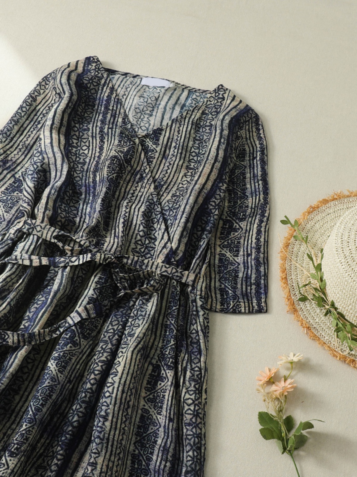 V-Neck Short Sleeve Midi Dress - Linen Dress Wrap avis et prix