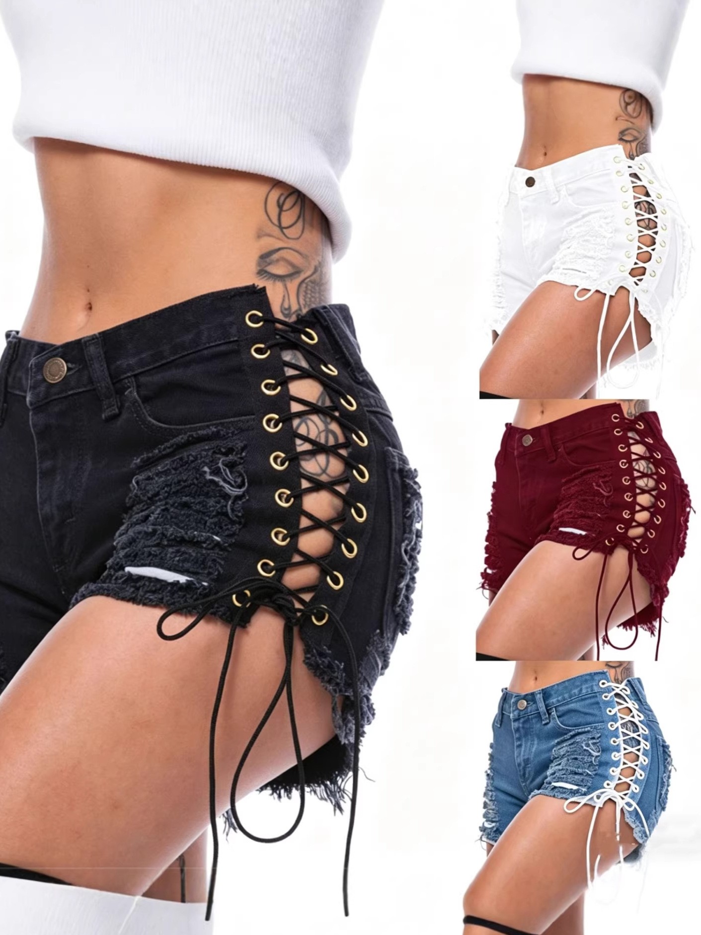 Cotton Denim Shorts Low Waist  - Shorts Denim Frayed avis et prix