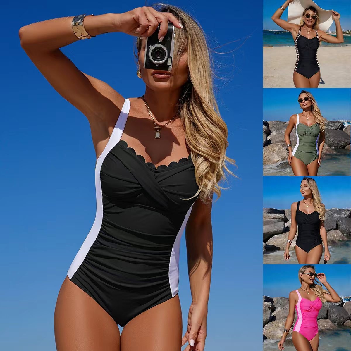 Black Swimsuit Scalloped Neckl - Swimsuit Bikini Ruched avis et prix
