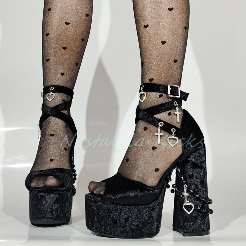Gothic Black Velvet Platform H - Sandal Strappy Heeled avis et prix