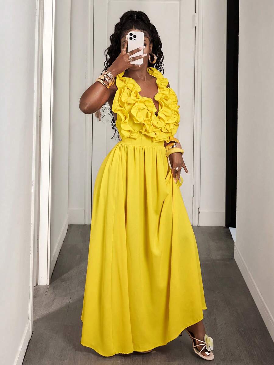 Yellow Deep V-Neck Ruffle Halt - Maxi Dress Halter avis et prix