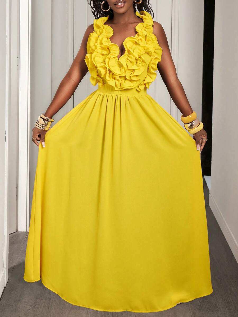 Yellow Deep V-Neck Ruffle Halt - Maxi Dress Halter avis et prix