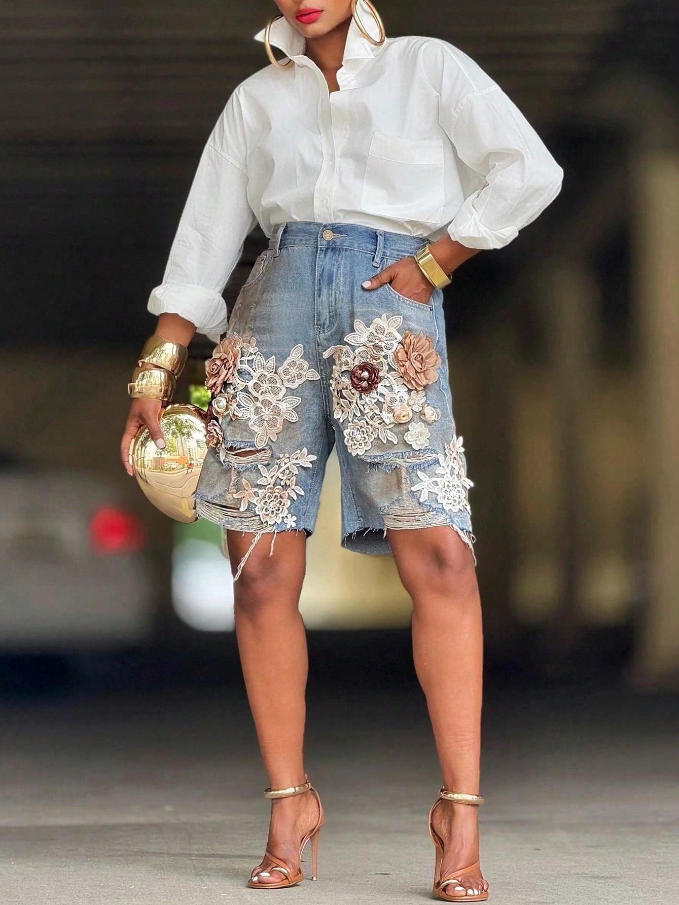 GLOURI Women 3D Floral Appliqu - Shorts Denim Frayed avis et prix