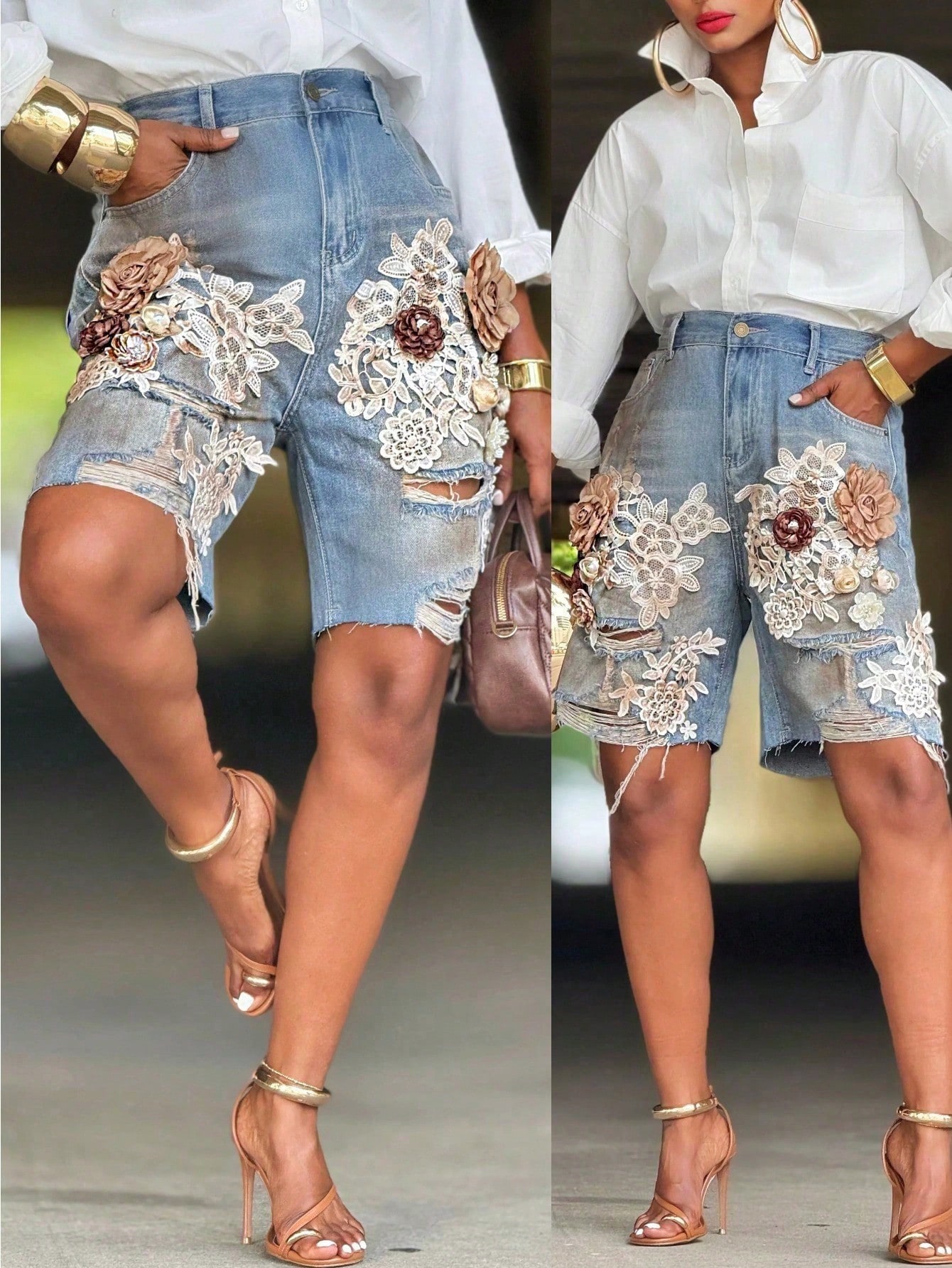 GLOURI Women 3D Floral Appliqu - Shorts Denim Frayed avis et prix