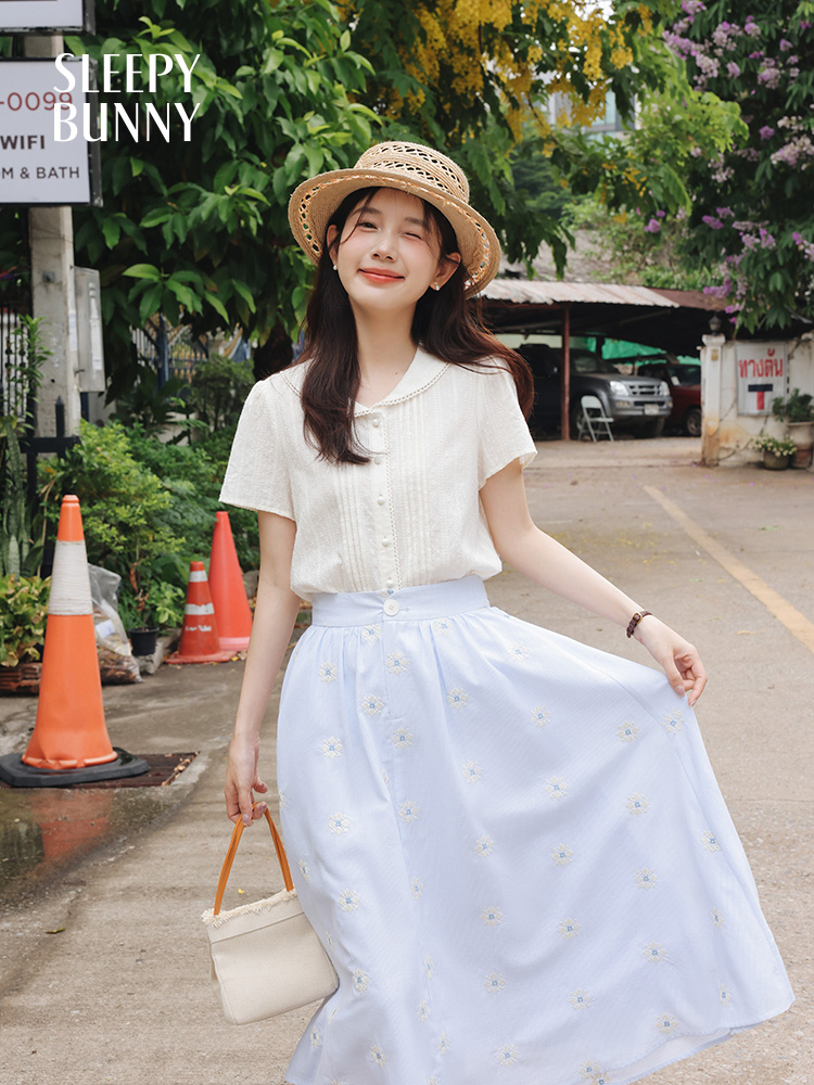 Vintage White Shirt Floral Emb - Midi Skirt Floral avis et prix