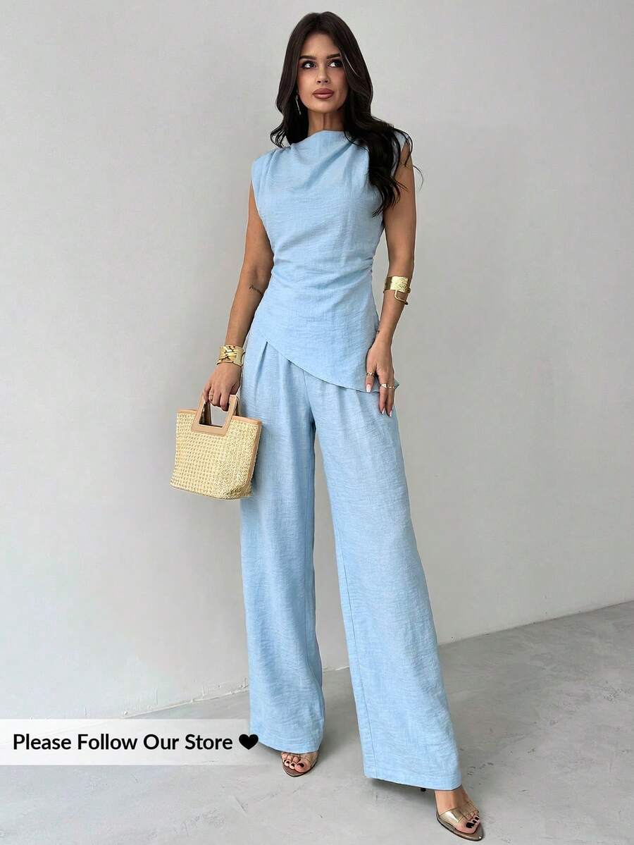Sleeveless Asymmetric Ruched W - Linen Pant Wide avis et prix