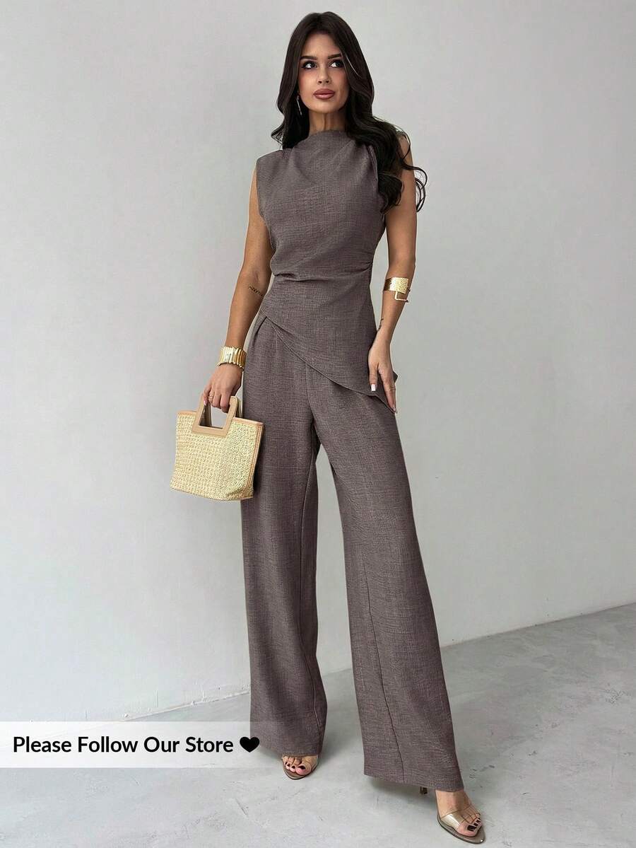Sleeveless Asymmetric Ruched W - Linen Pant Wide avis et prix