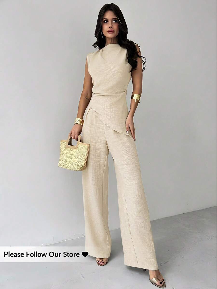 Sleeveless Asymmetric Ruched W - Linen Pant Wide avis et prix
