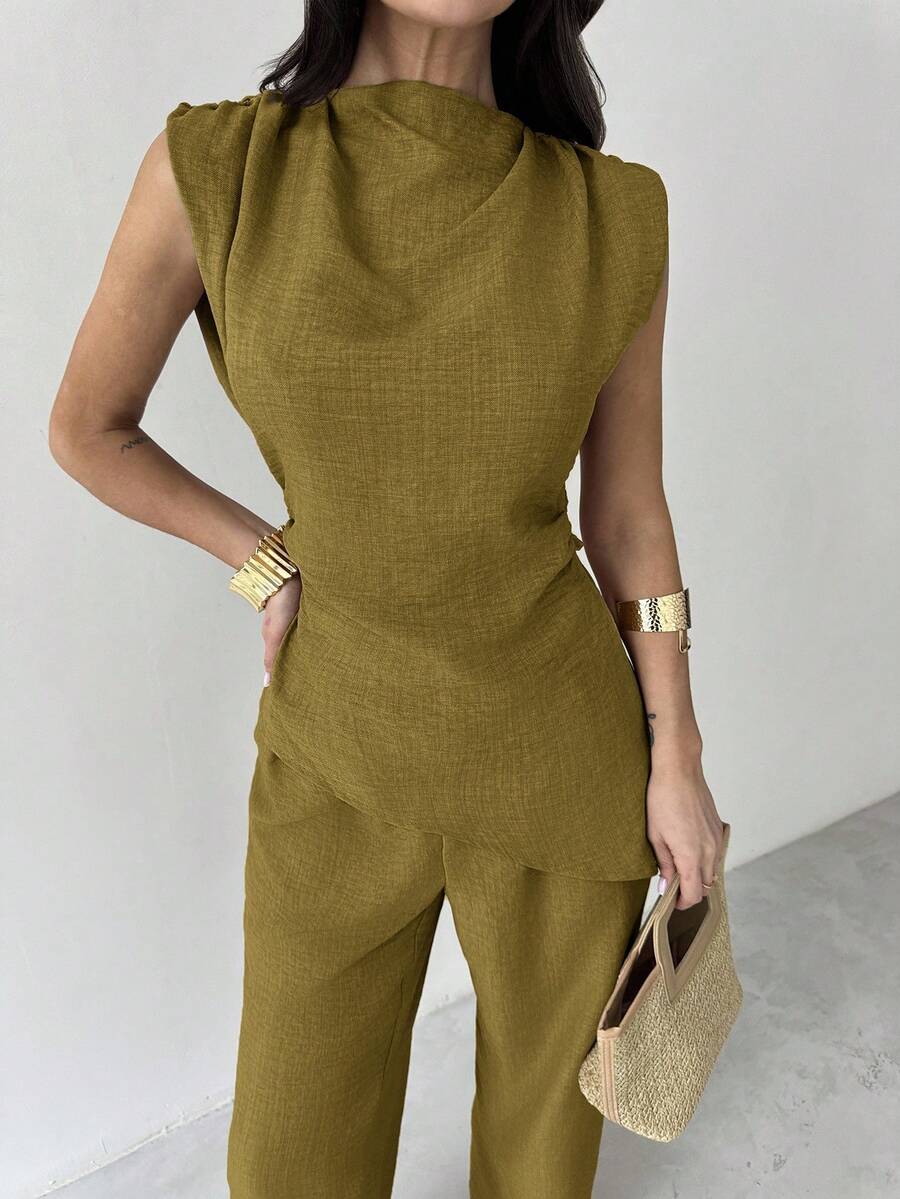 Sleeveless Asymmetric Ruched W - Linen Pant Wide avis et prix