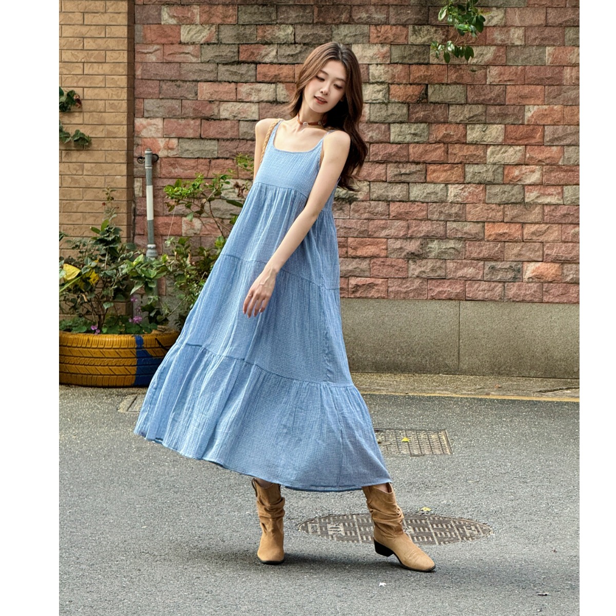 Elegant Blue Plaid Cotton Line - Linen Dress Wrap avis et prix