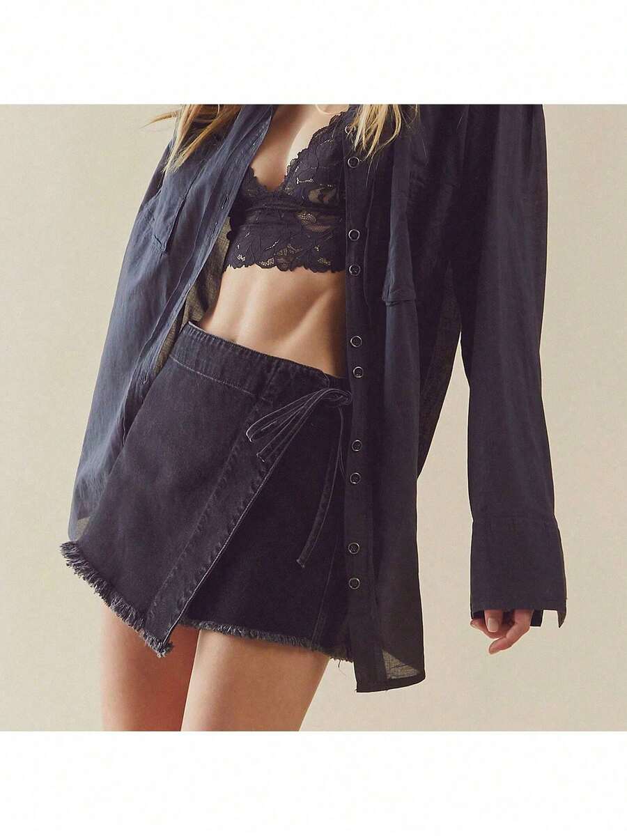 Women Denim Wrap Skort High Wa - Shorts Denim Frayed avis et prix