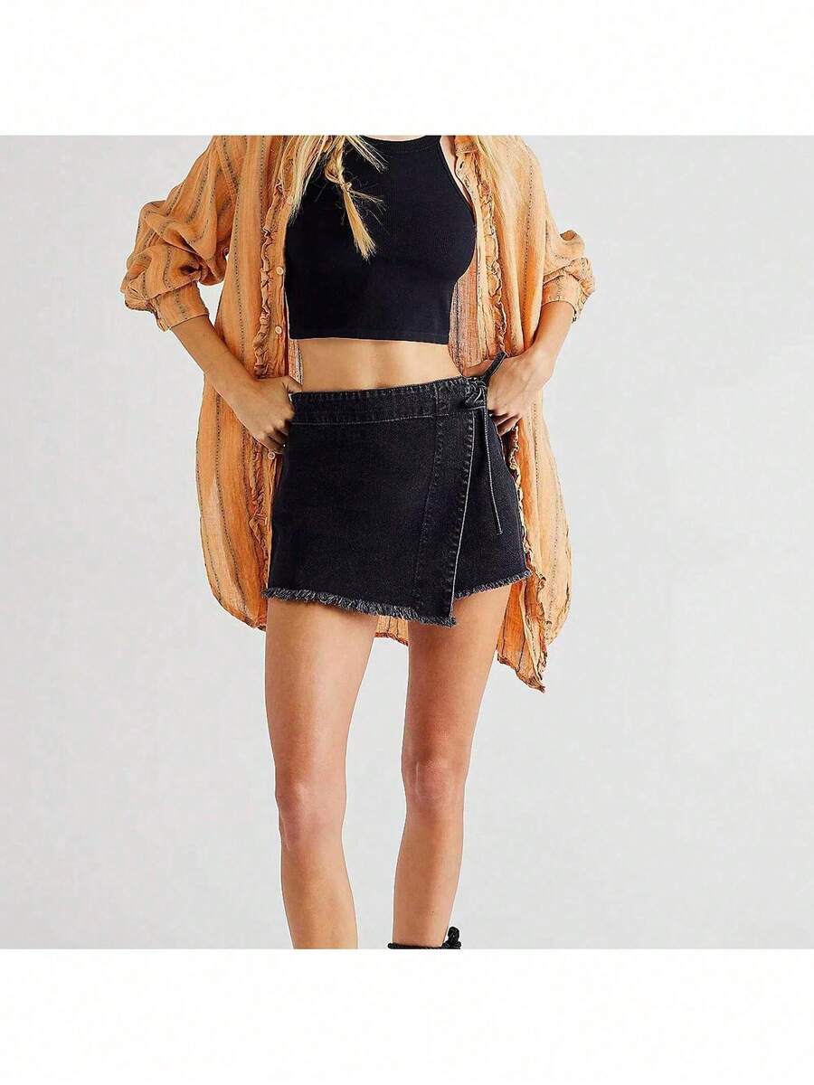 Women Denim Wrap Skort High Wa - Shorts Denim Frayed avis et prix