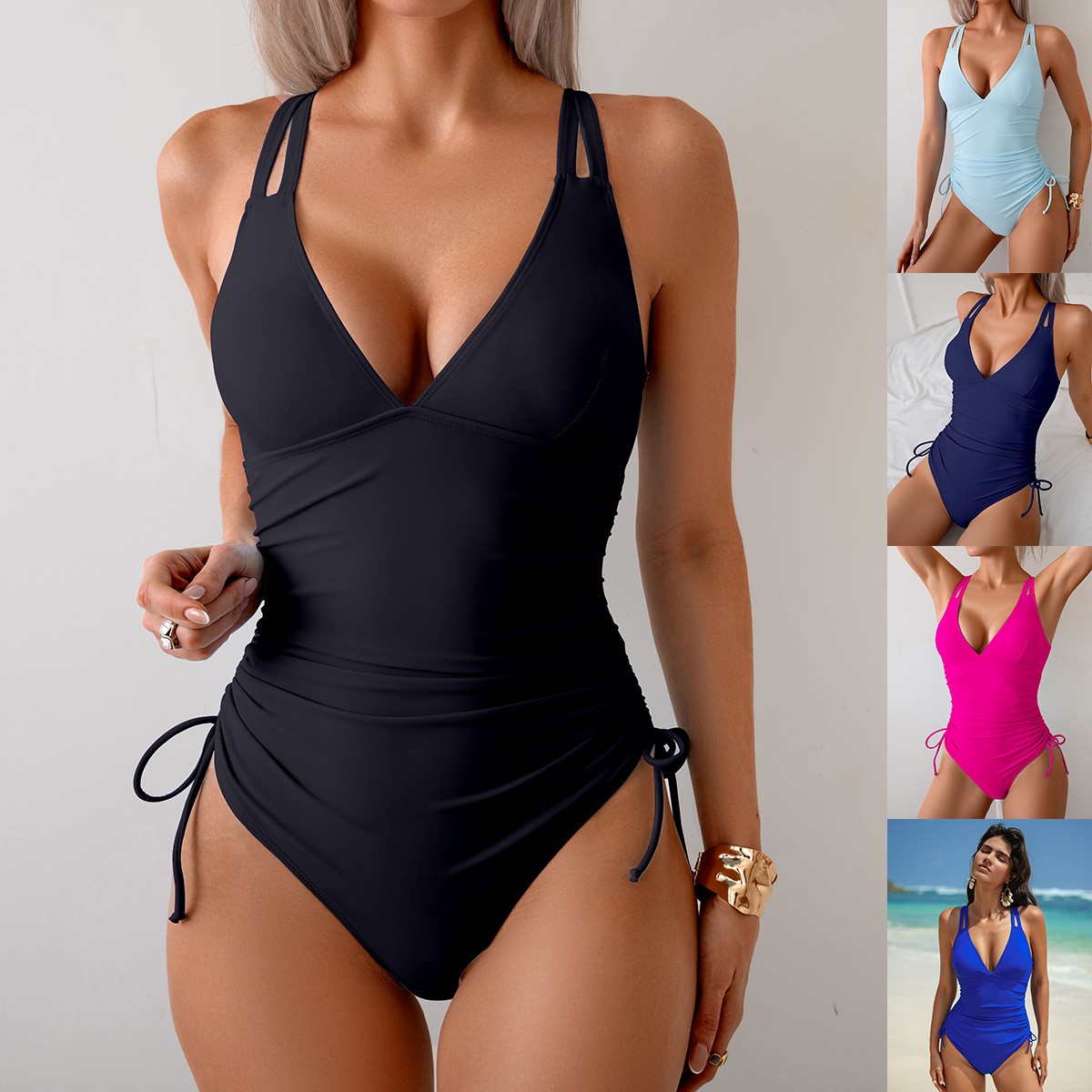 Solid Black Swimsuit V Neck Ru - Swimsuit Bikini Ruched avis et prix