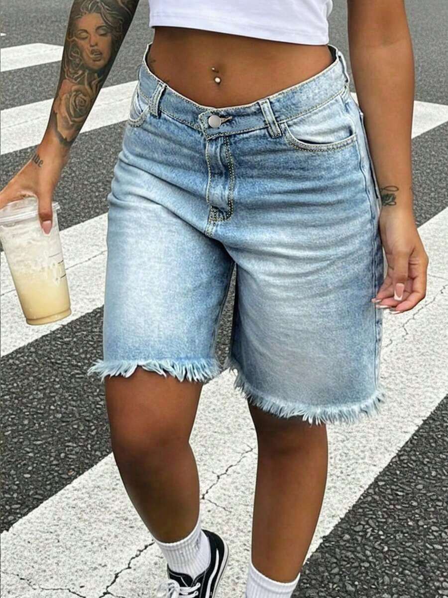 Womens Light Wash Denim Bermud - Shorts Denim Frayed avis et prix