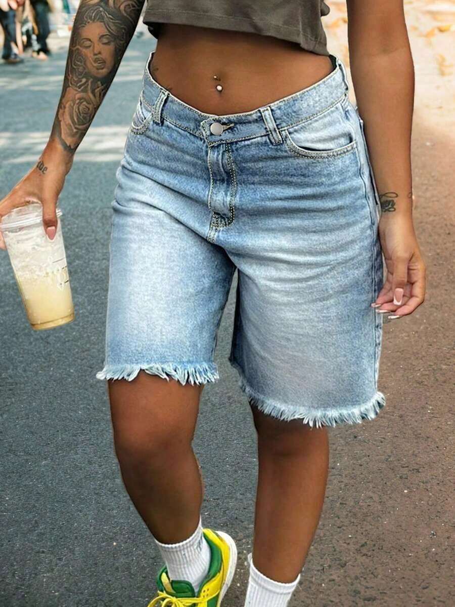 Womens Light Wash Denim Bermud - Shorts Denim Frayed avis et prix