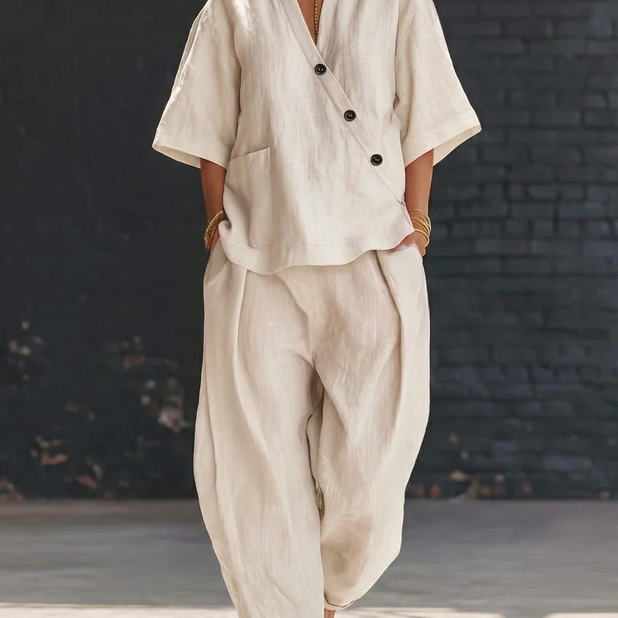 Women’s Two Piece Set Loose V  - Linen Pant Wide avis et prix