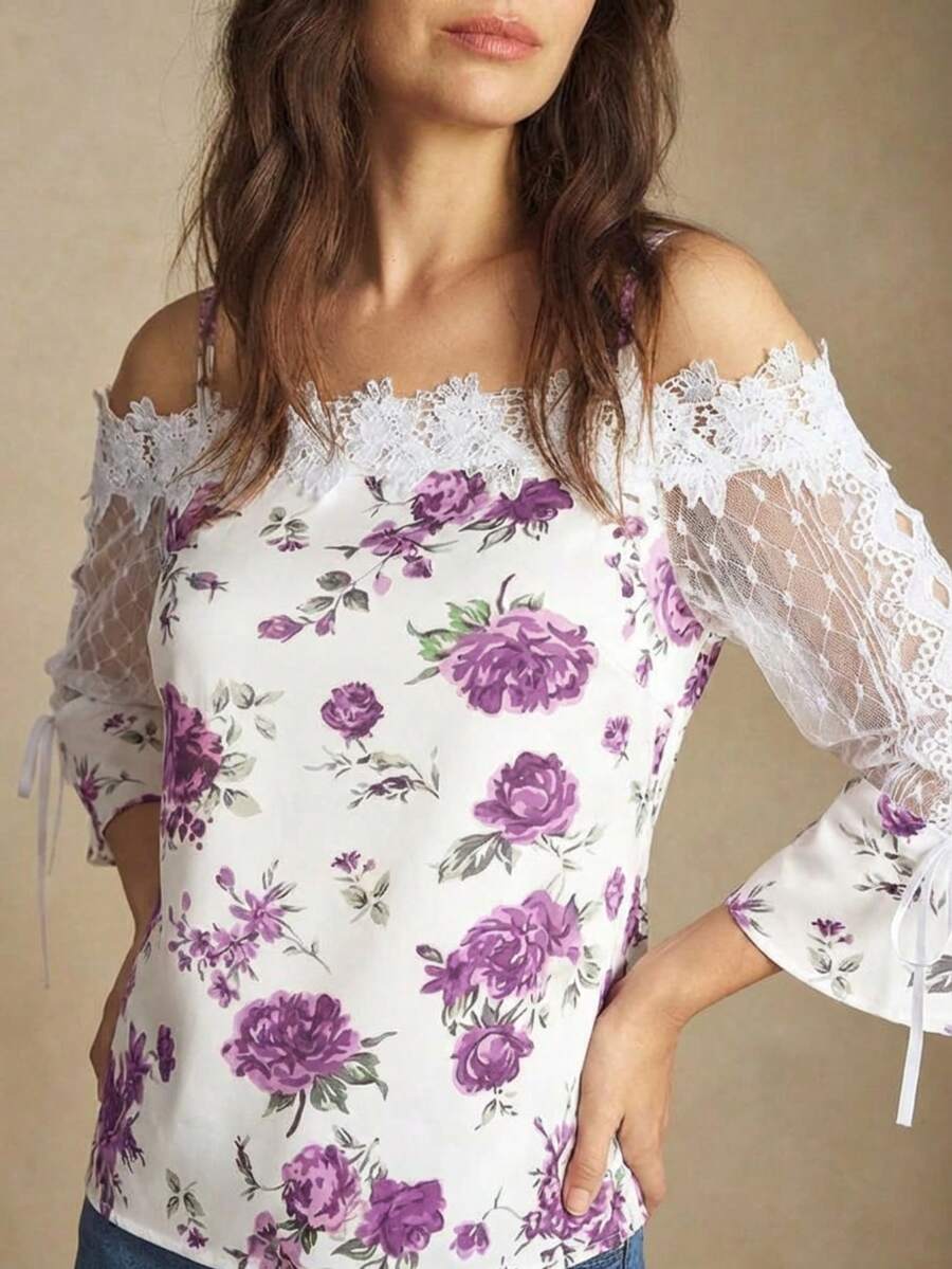 Purple Floral Print Off Should - Blouse Off Shoulder avis et prix