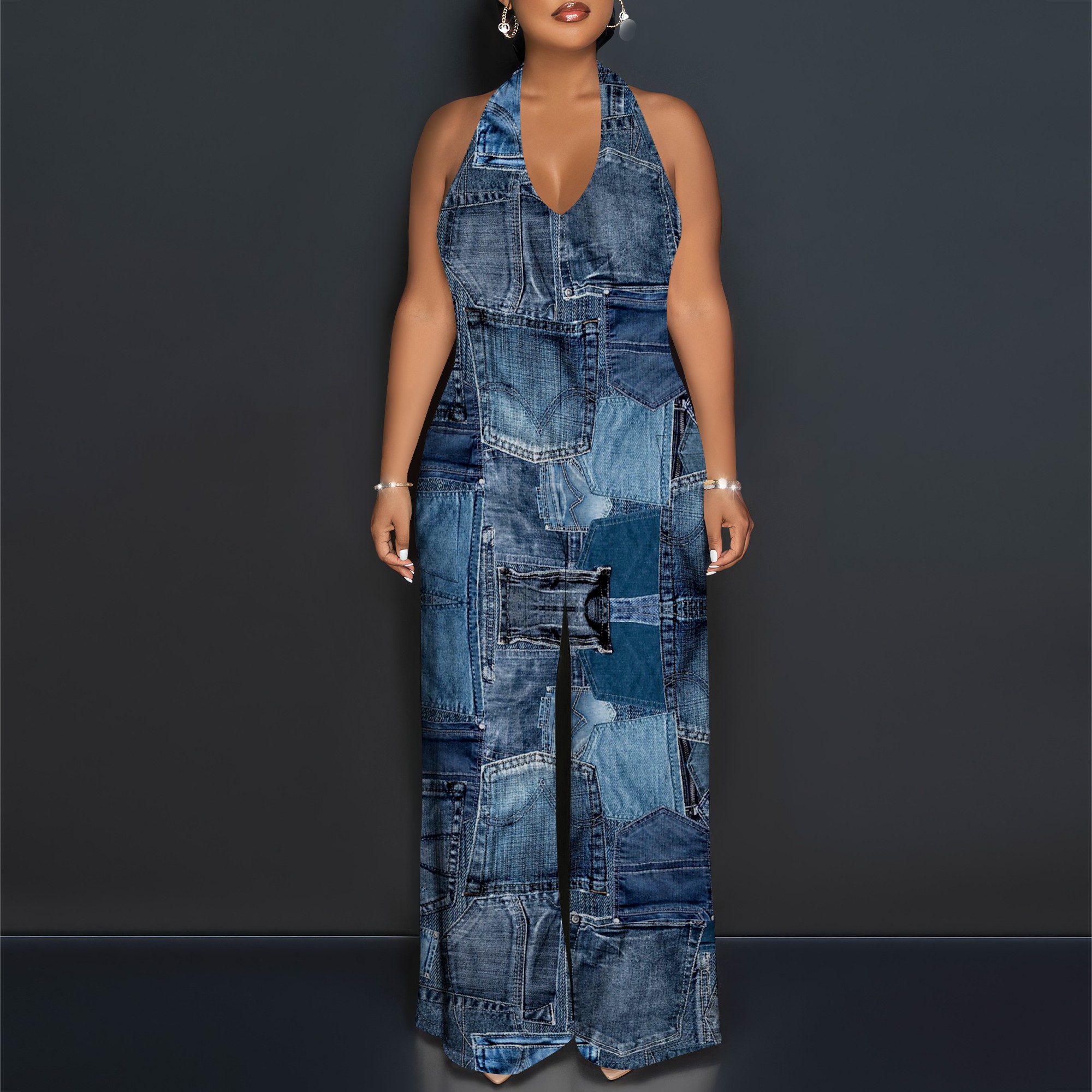 Denim Patchwork Halter V-Neck  - Maxi Dress Halter avis et prix