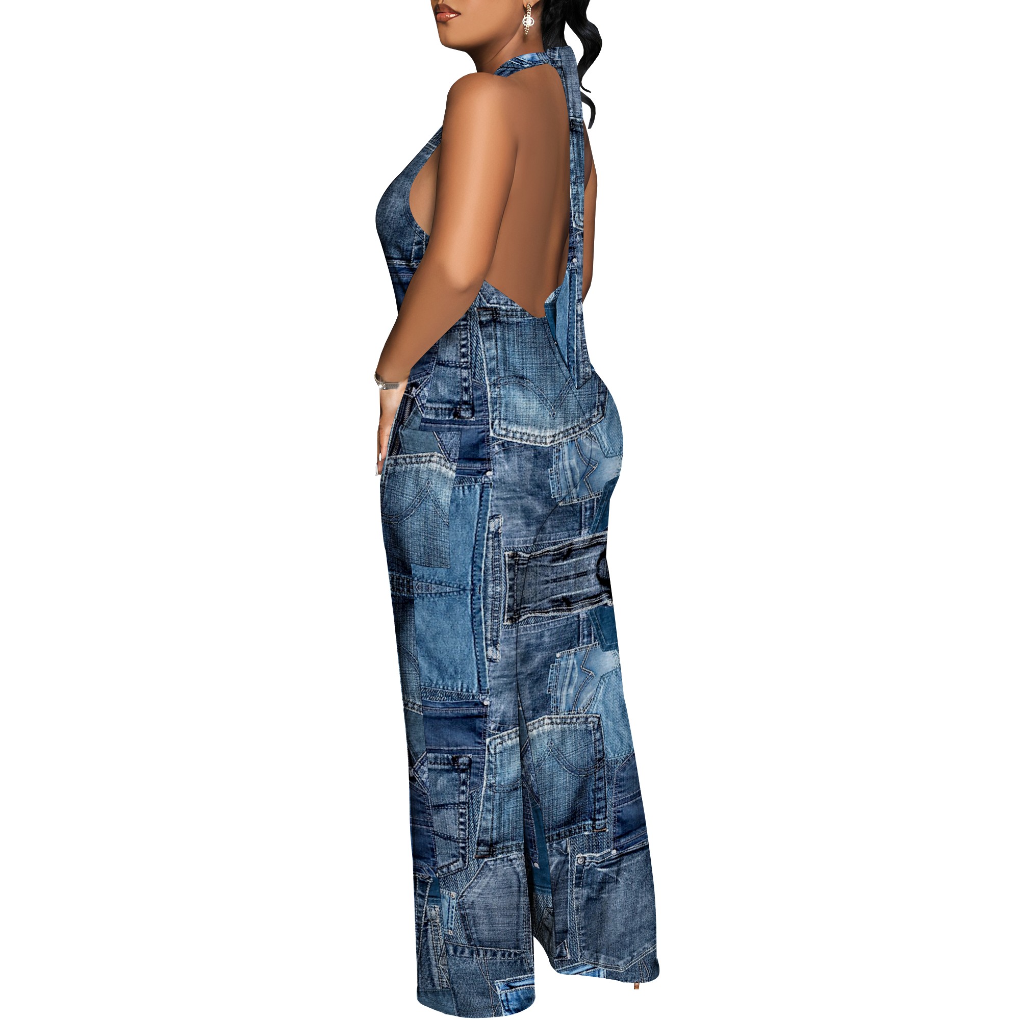 Denim Patchwork Halter V-Neck  - Maxi Dress Halter avis et prix