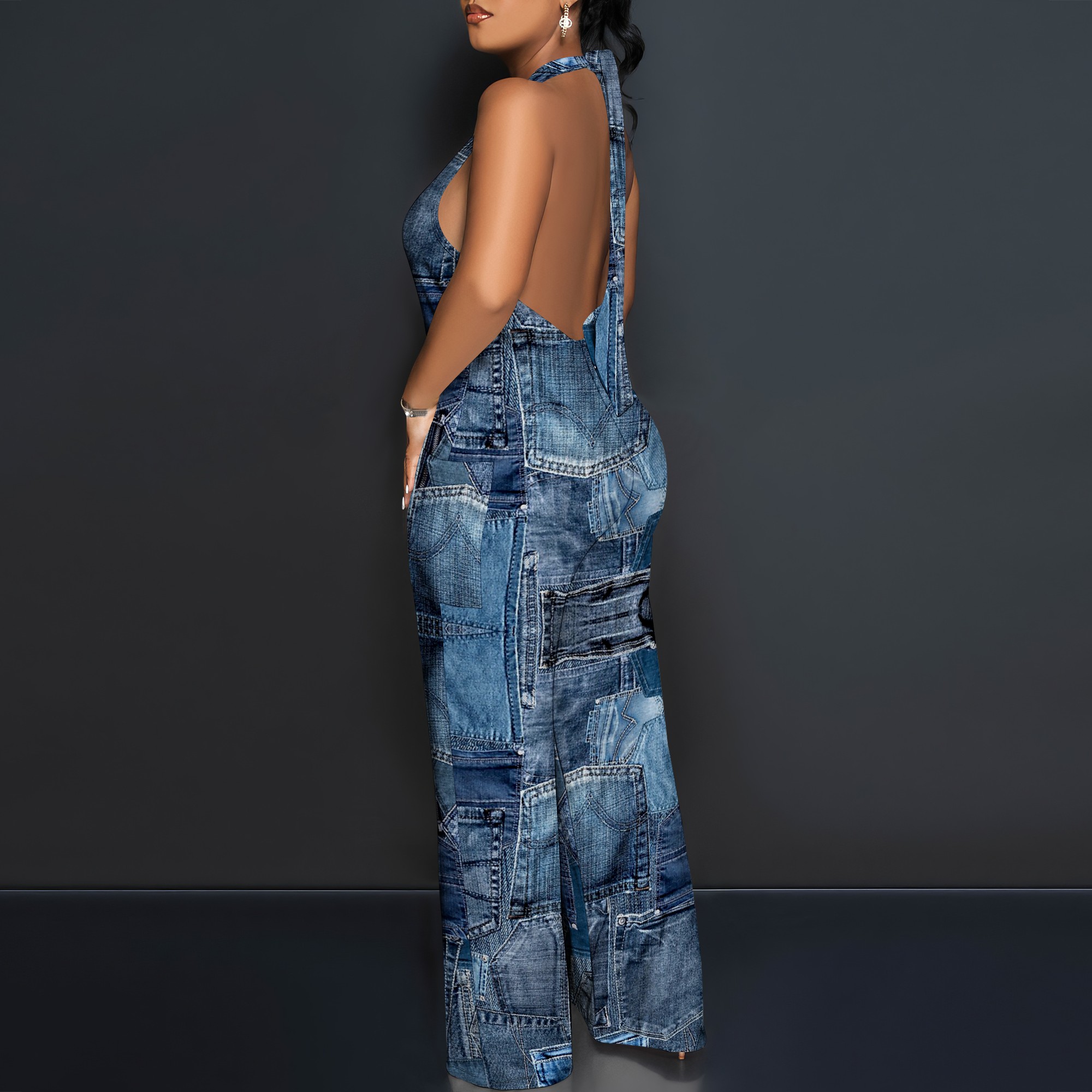 Denim Patchwork Halter V-Neck  - Maxi Dress Halter avis et prix