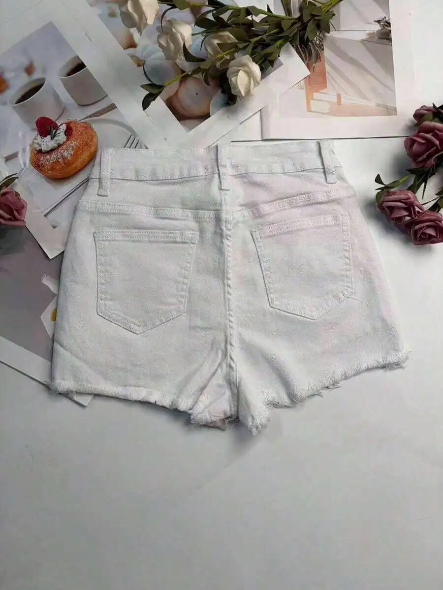 Womens White Distressed Denim  - Shorts Denim Frayed avis et prix