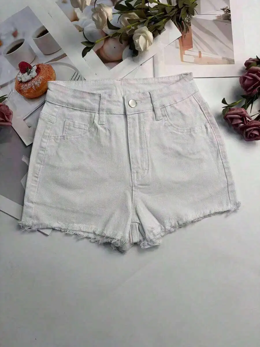 Womens White Distressed Denim  - Shorts Denim Frayed avis et prix