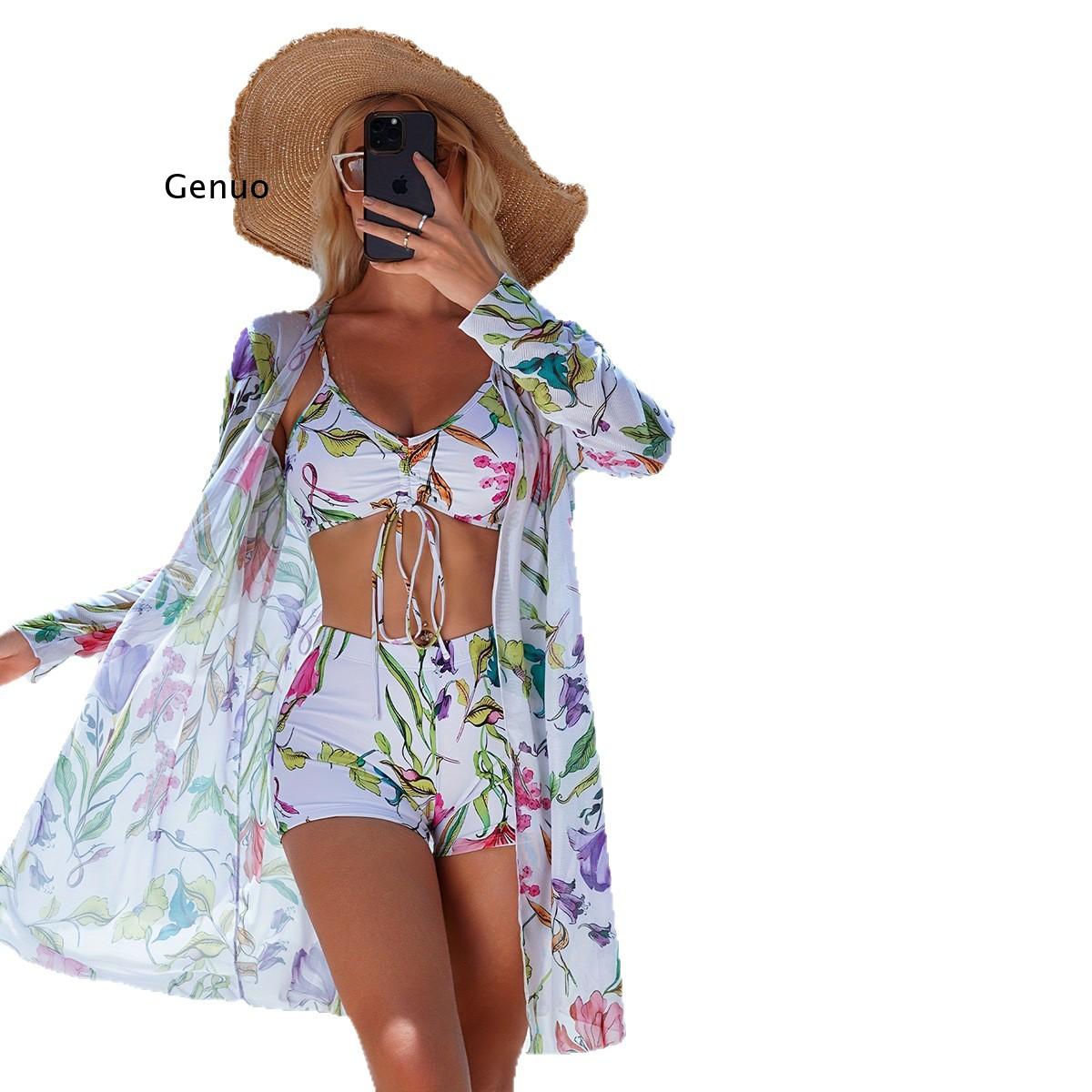 3 Piece Floral Print Bikini Se - Kimono Sheer Floral avis et prix