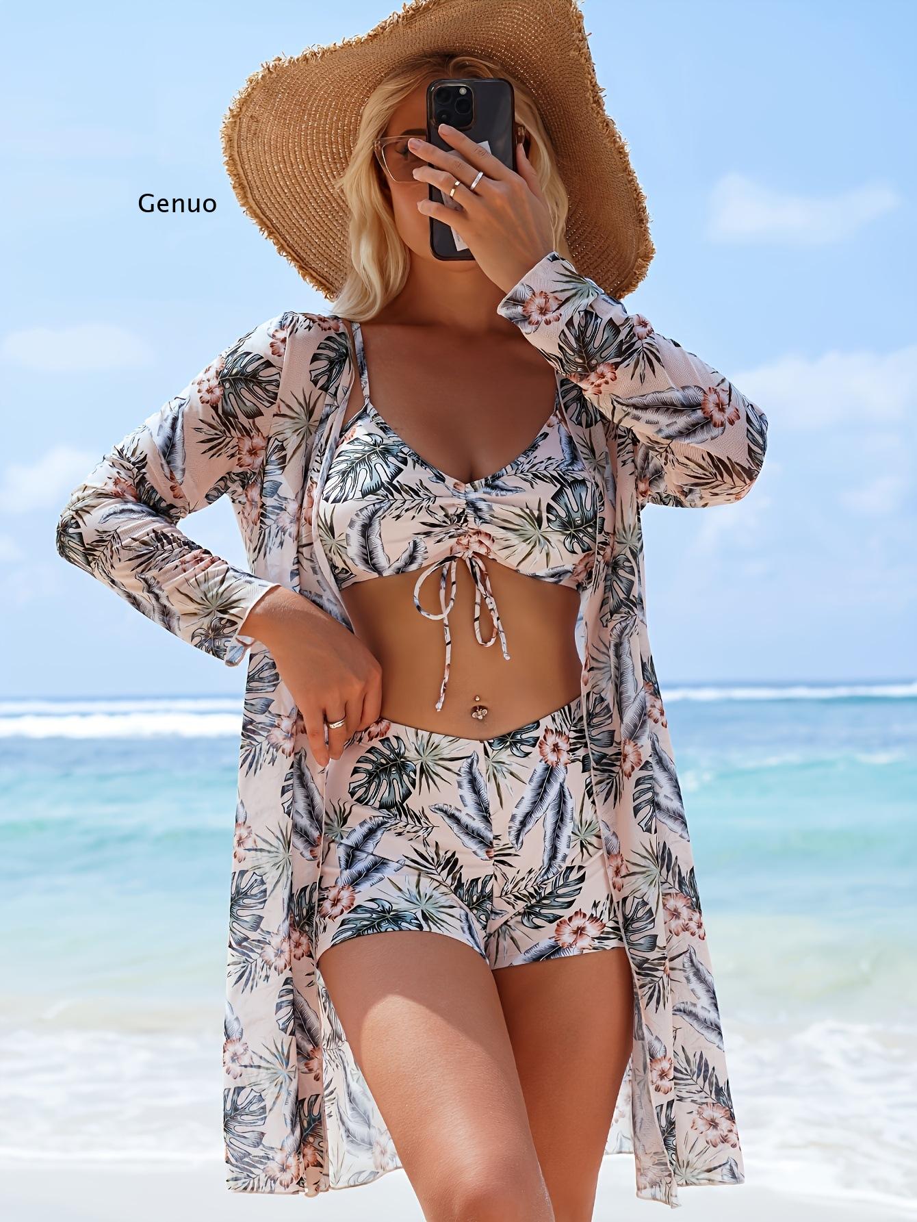 3 Piece Floral Print Bikini Se - Kimono Sheer Floral avis et prix