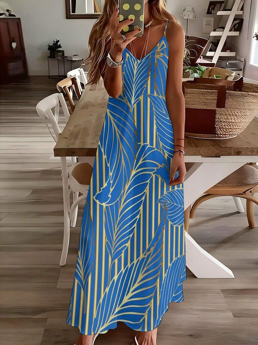 Blue Tropical Leaf Print V-Nec - Maxi Dress Halter avis et prix